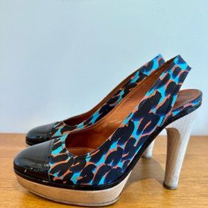Lanvin Neon Blue Leopard Print Wooden Platform Heel Slingback Pumps 39.5/8.5